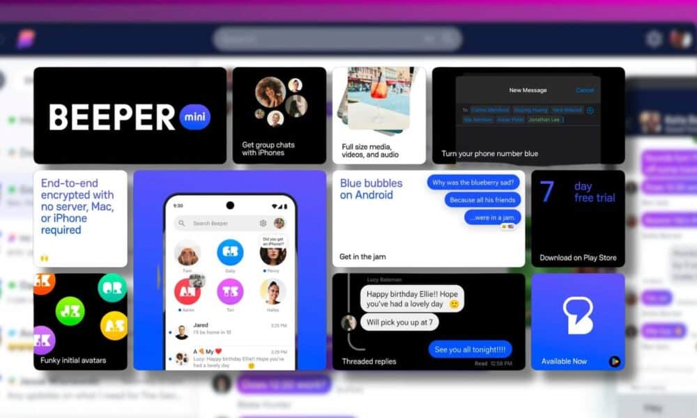 This is a promotional image for a messaging app called beeper, featuring interface elements like chat examples, encryption claims, and a free trial offer.