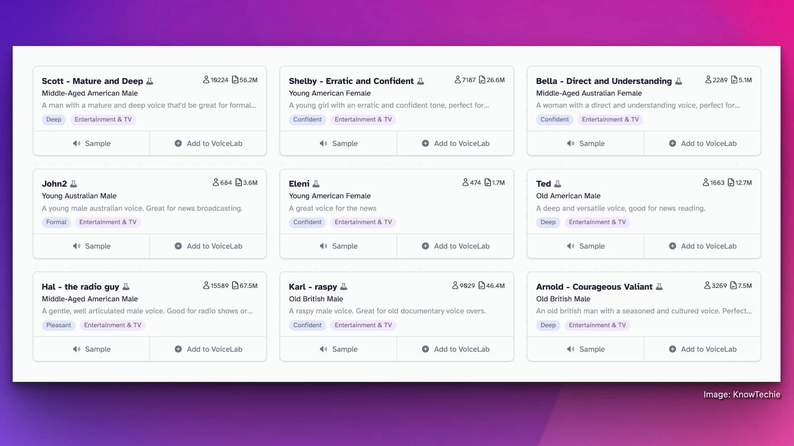 elevenlabs voice library image on a purple background