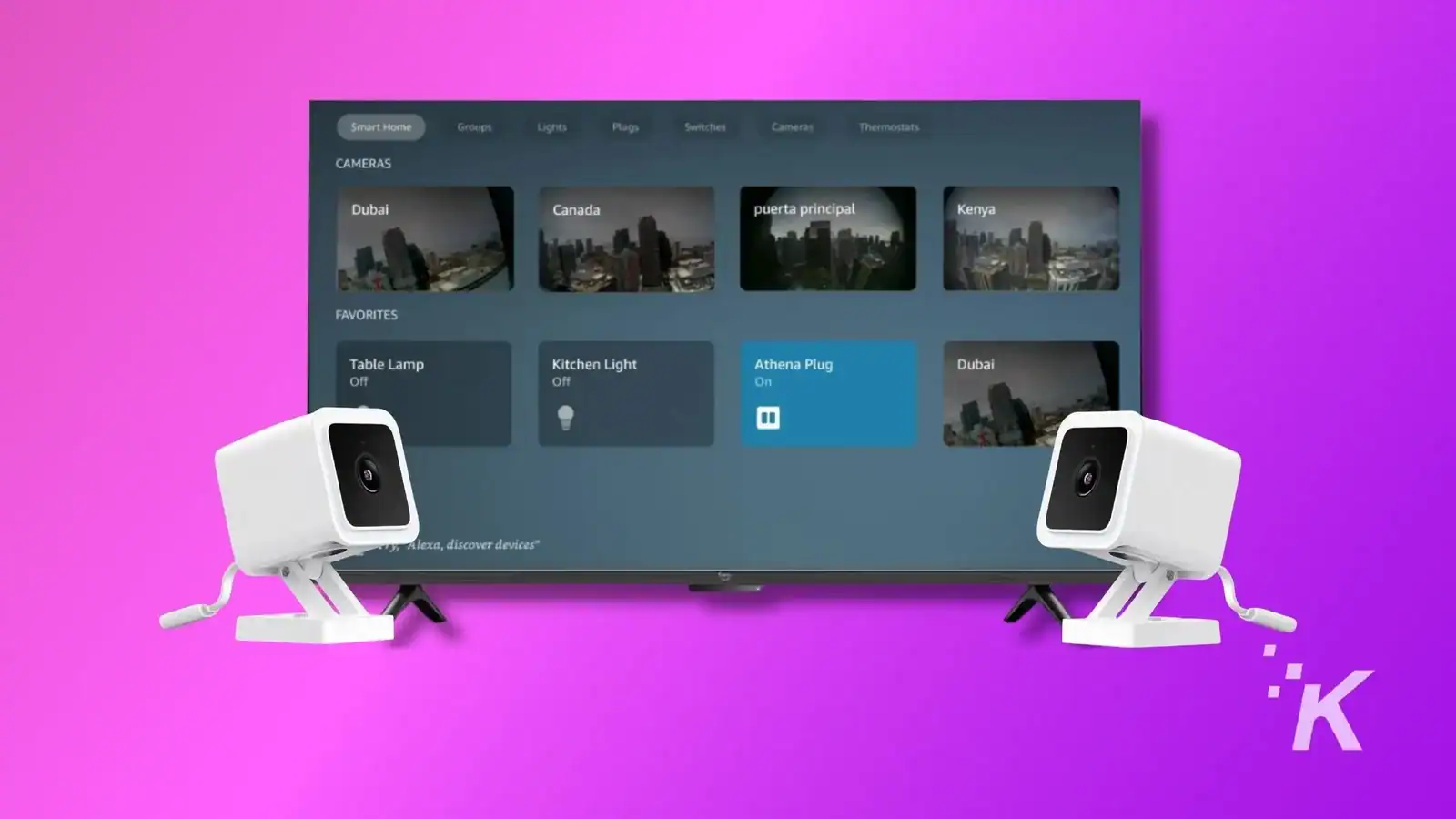 Two white security cameras are facing a colorful graphical user interface for a smart home system, which shows camera feeds and controls for various devices.