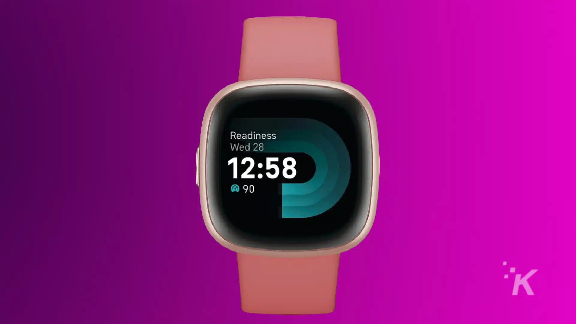 A smartwatch with a peach strap displays the time 12:58 and a readiness score of 90 on its screen against a purple background.