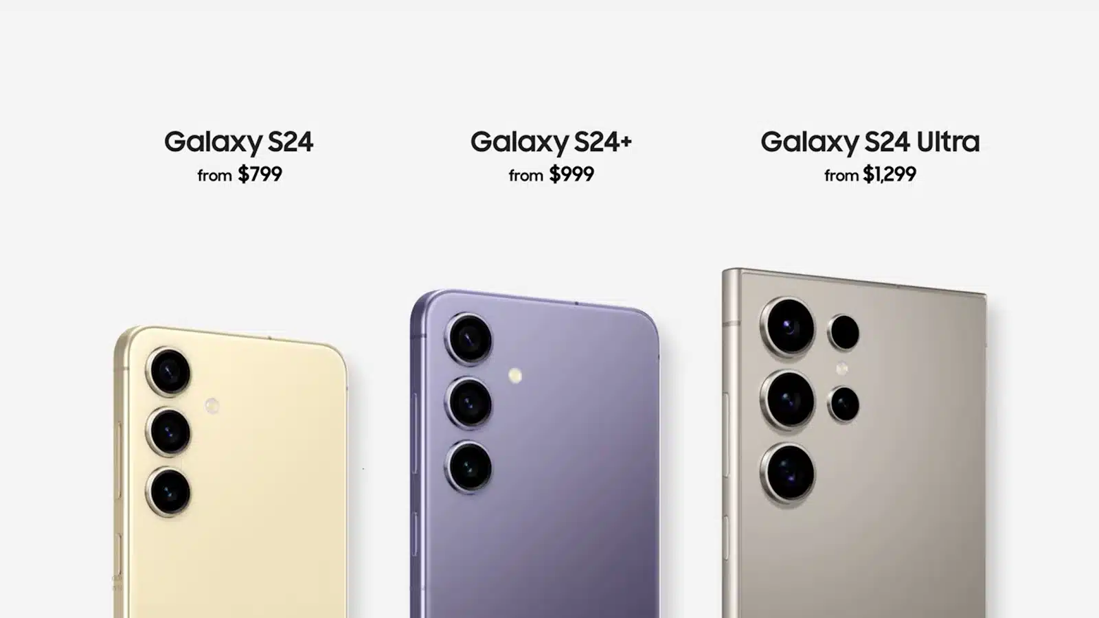 Three Samsung Galaxy smartphones (S24, S24+, and S24 Ultra) displayed side by side in different colors with their prices, starting from $799, $999, and $1,299 respectively.