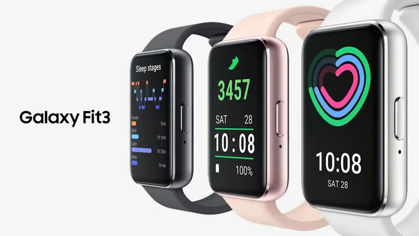 Three different smartwatches displaying various health tracking functions with the text "Galaxy Fit 3" on a white background.
