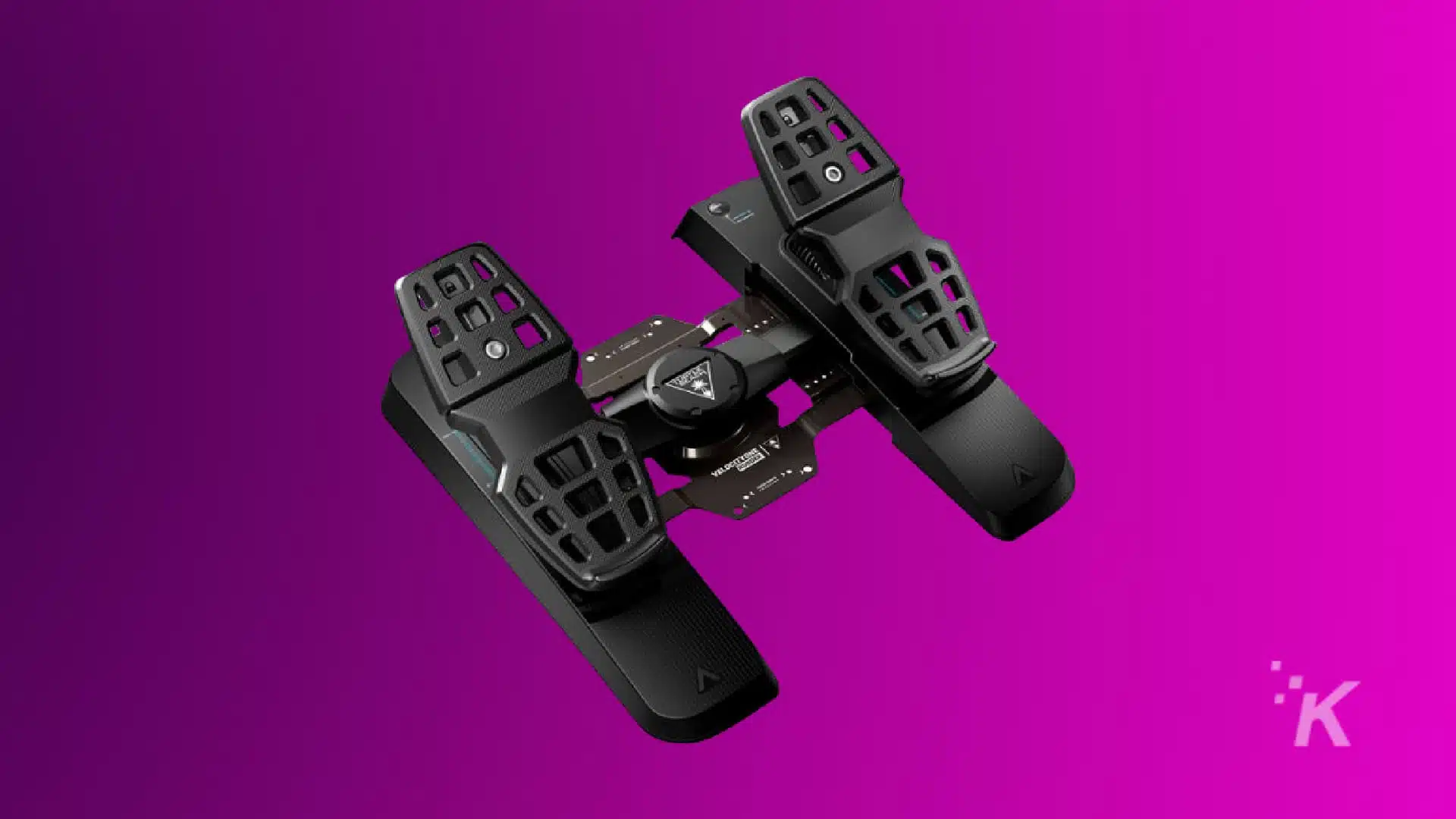 render of turtle beach velocityone universal rudder pedals on a purple background