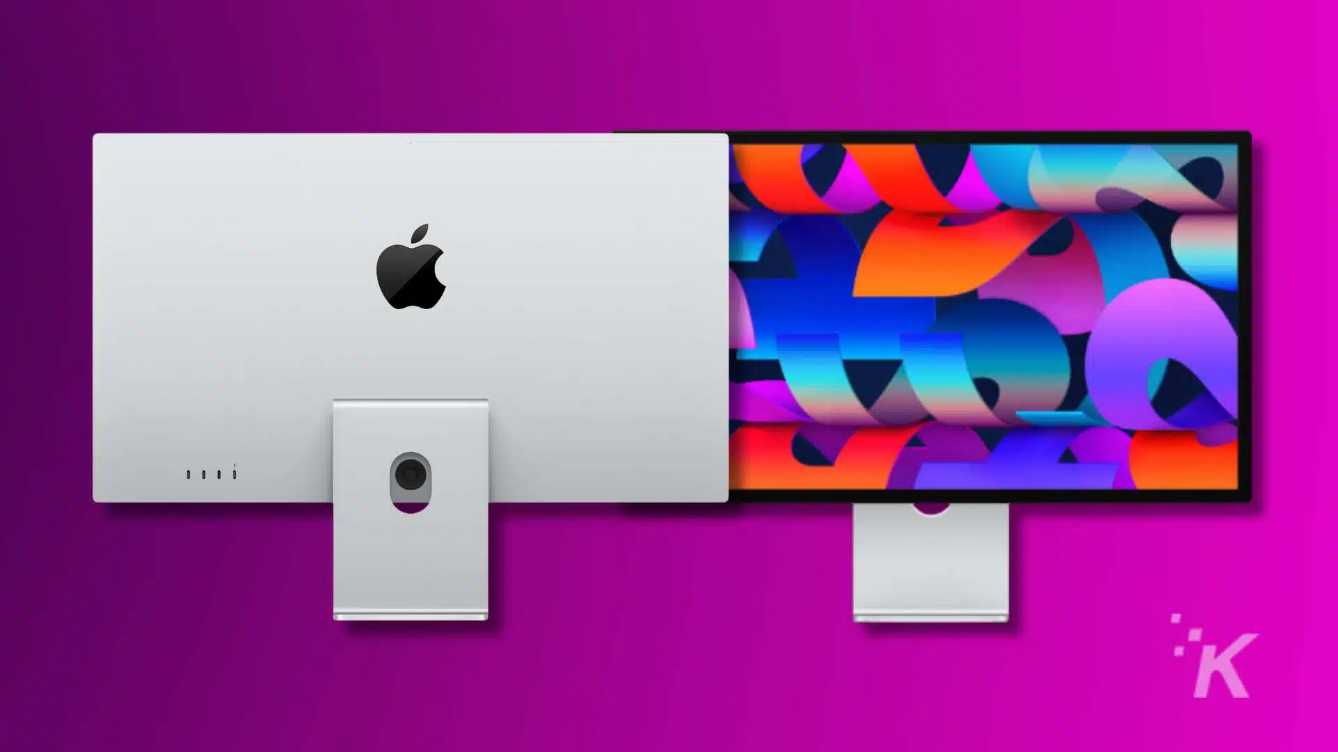An Apple iMac with its back visible on the left and a colorful screen display of an Apple Pro Display XDR on the right against a purple background.