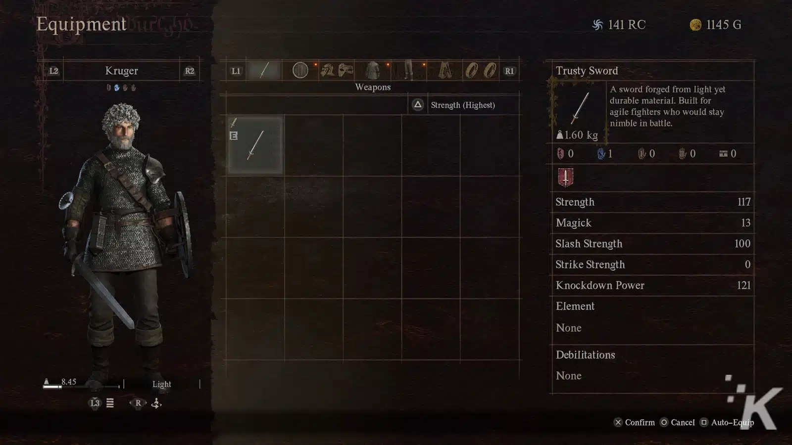 Screenshot of an in-game equipment menu from a role-playing game, featuring a character named "Kruger" in medieval armor holding a sword and shield, alongside an inventory interface displaying a selected "Trusty Sword" with its stats and description.
