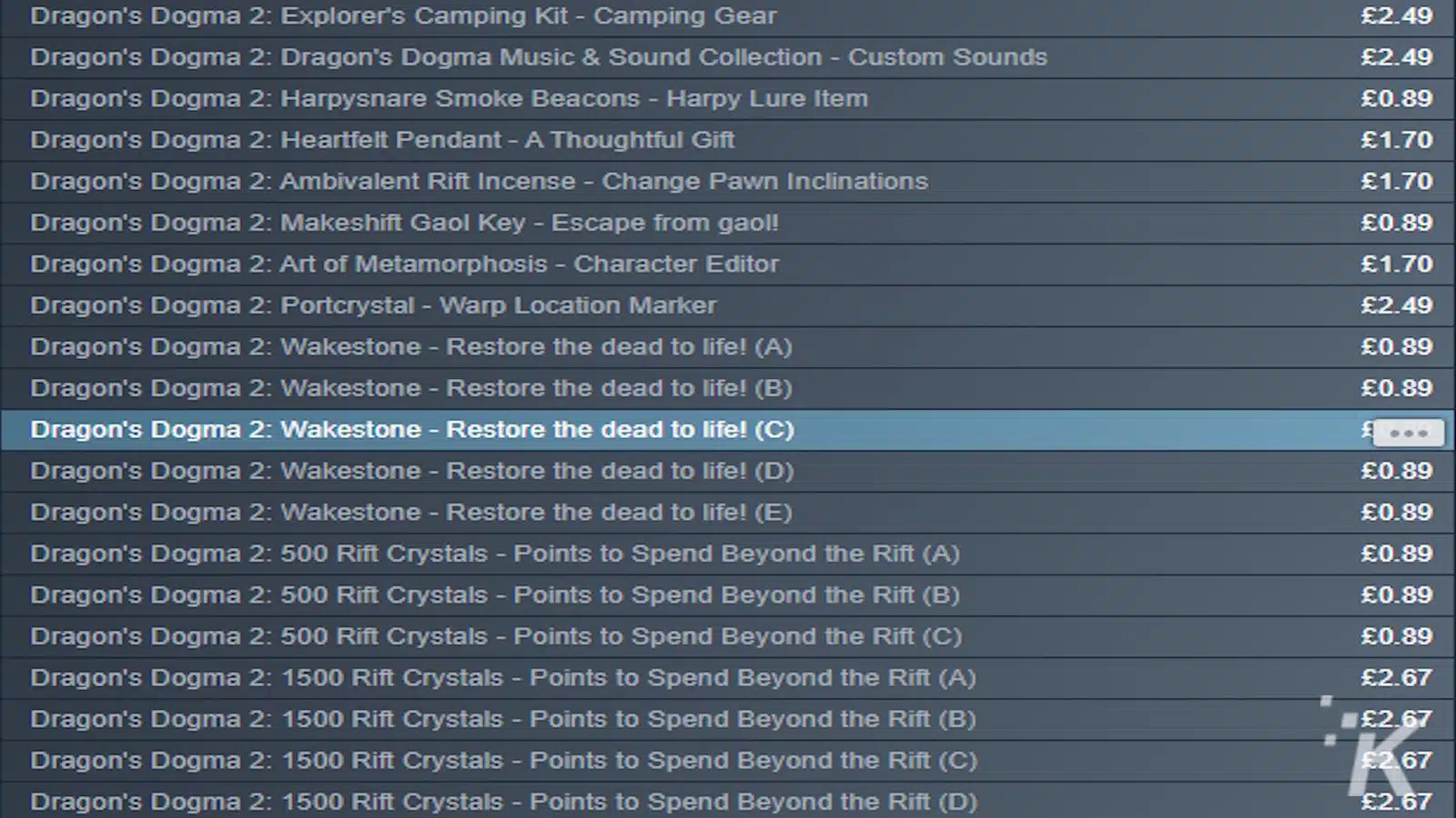 Screenshot of a list of in-game items and prices for "Dragon's Dogma 2," with one item highlighted for purchase.