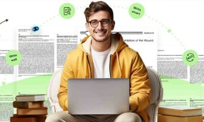 Young man in front of a computer using EssayFlow