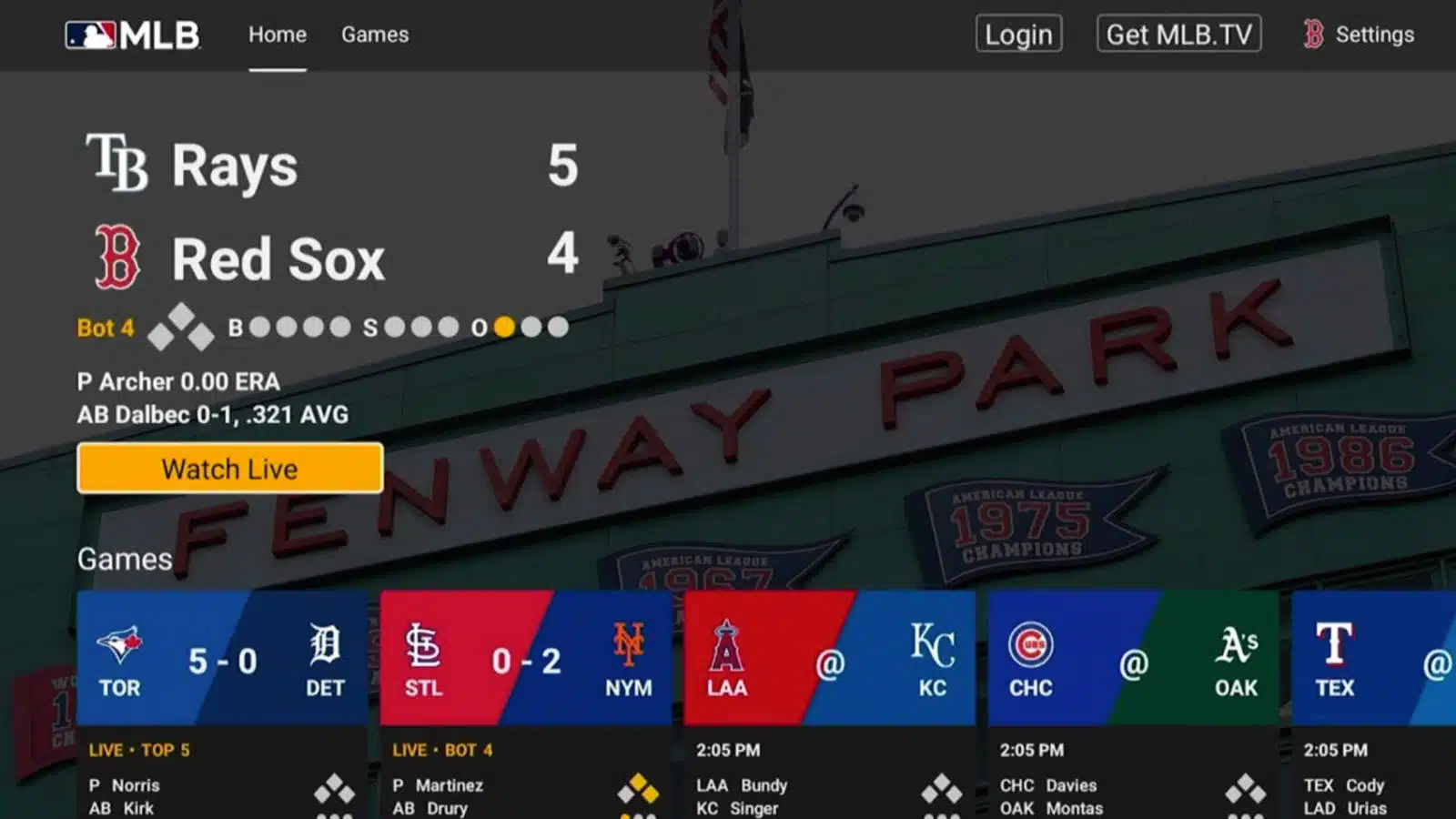 The MLB app on an Android TV device.