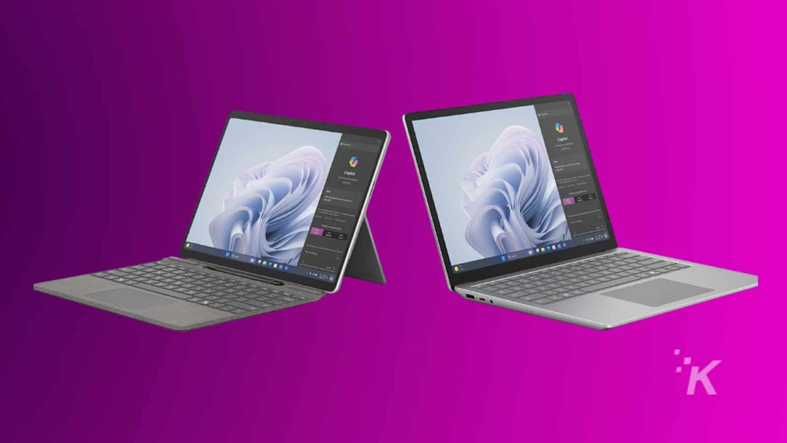 Two modern laptops displayed against a vibrant purple background, one in tent mode showcasing a graphic design application and the other in laptop mode with a graphical wallpaper on screen.