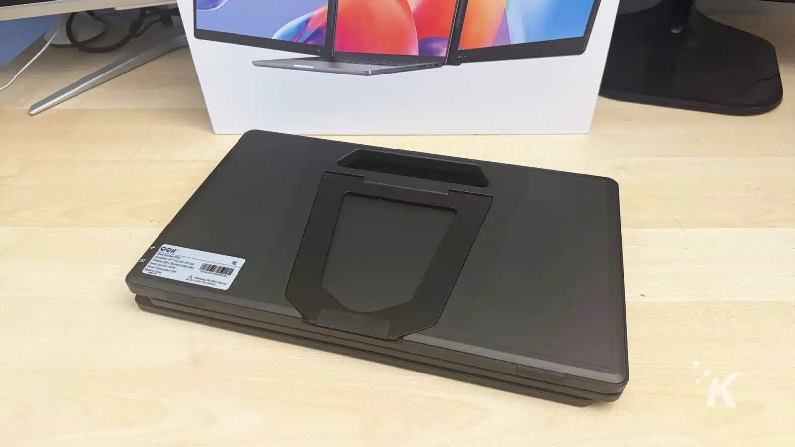 QQH monitor folded up showing the back alloy stand