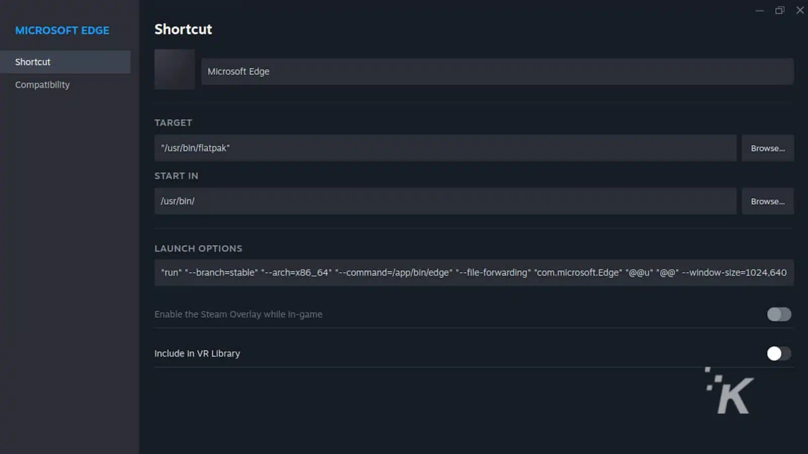 Microsoft Edge launch options in Steam