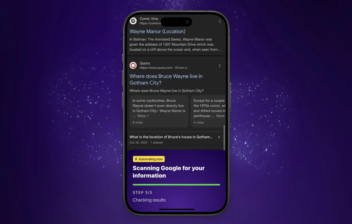Google search on a smartphone showing results for Gotham City locations.