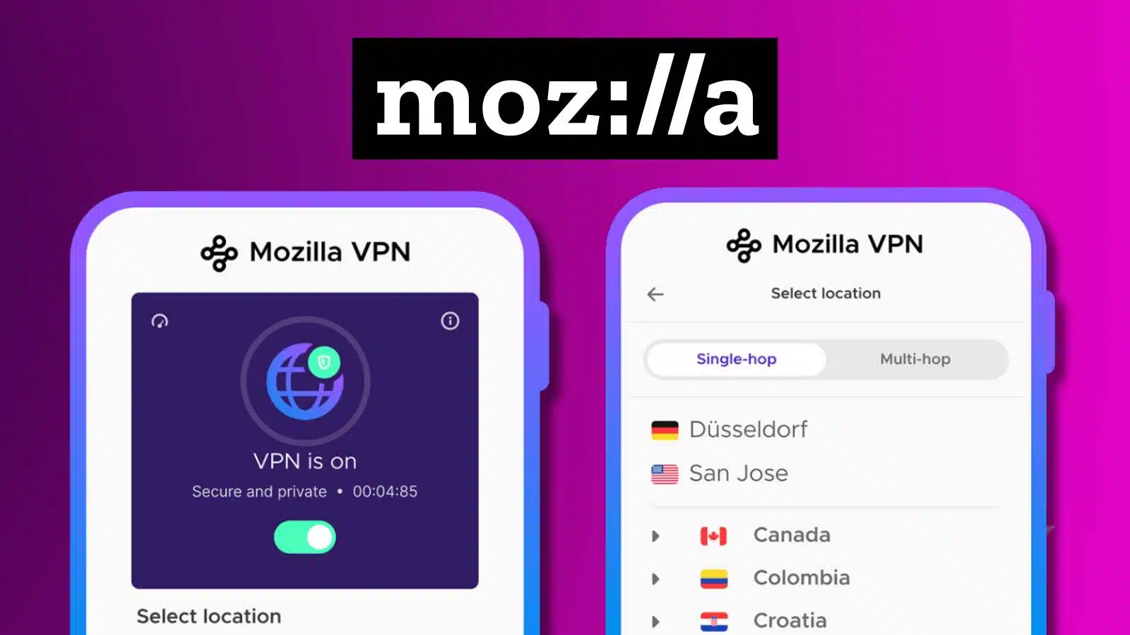 Graphic advertisement featuring Mozilla VPN with two smartphones displaying the app interface, one showing the VPN is on and the other listing server locations. The background includes the Mozilla logo.