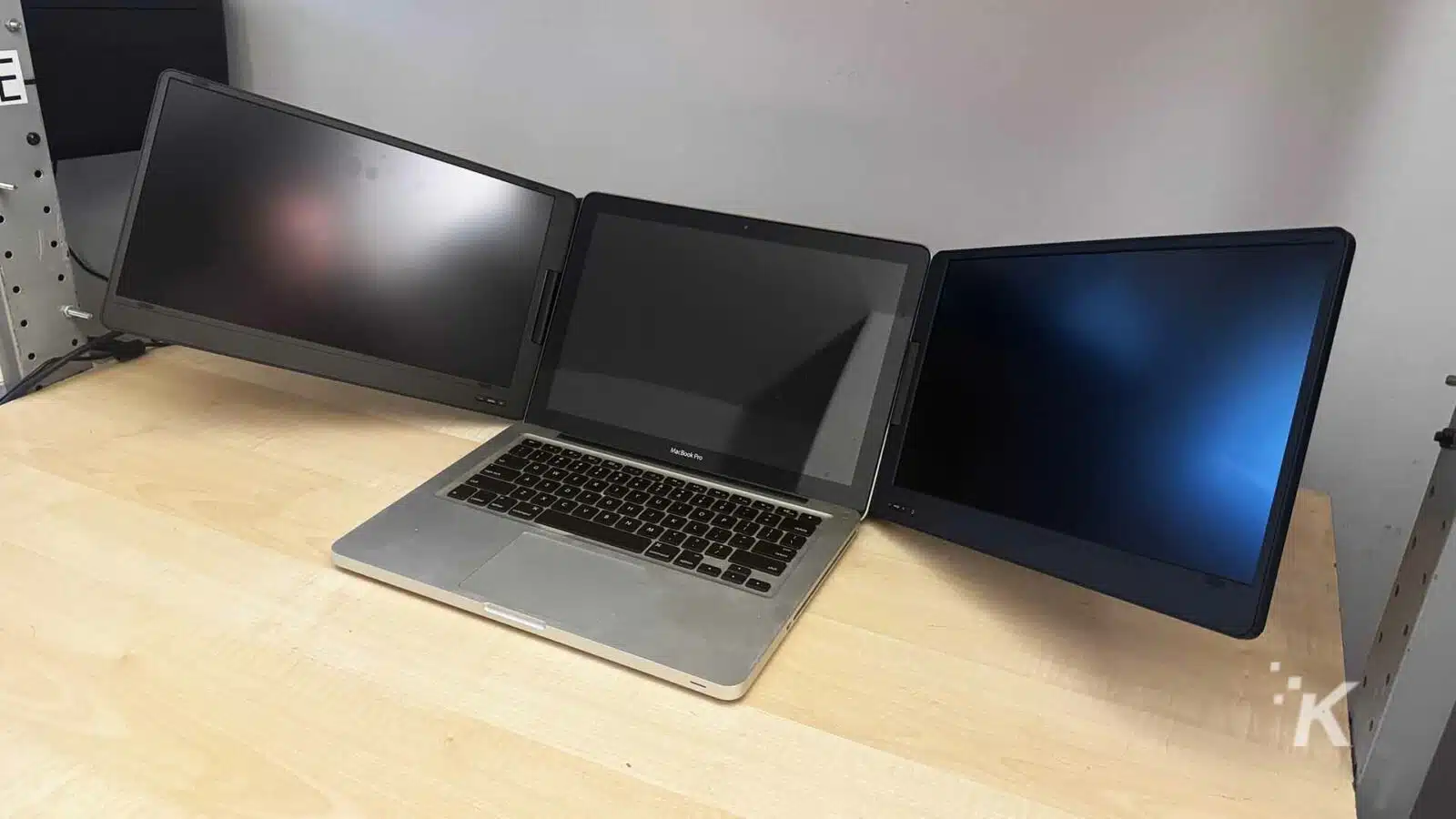 QQH monitor folded up showing the back alloy stand