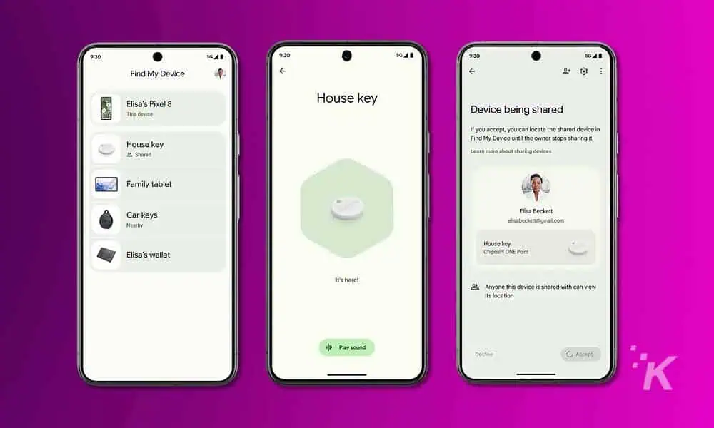 Find My Device feature on Android phones in a purple background.