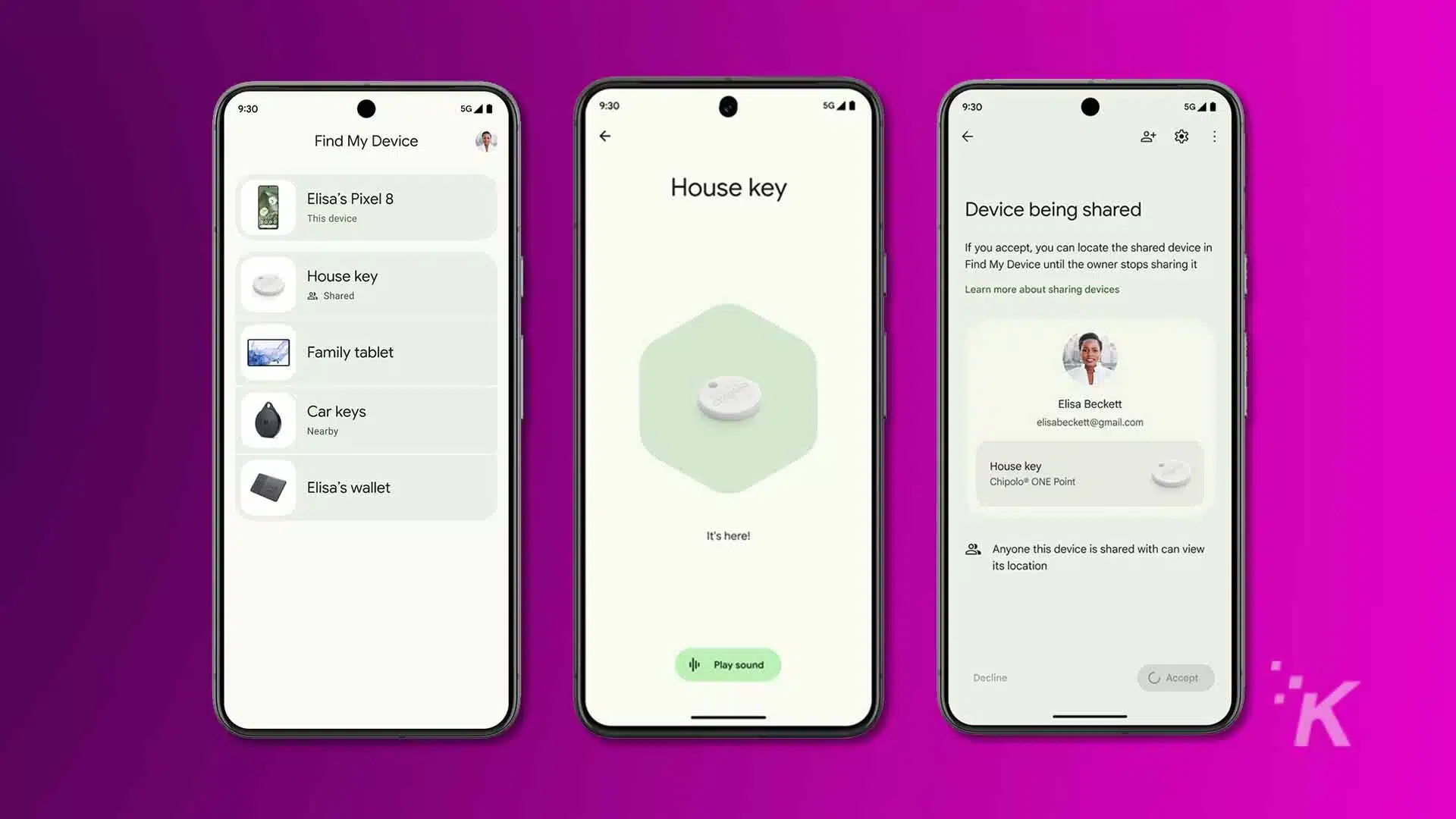 Find My Device feature on Android phones in a purple background.