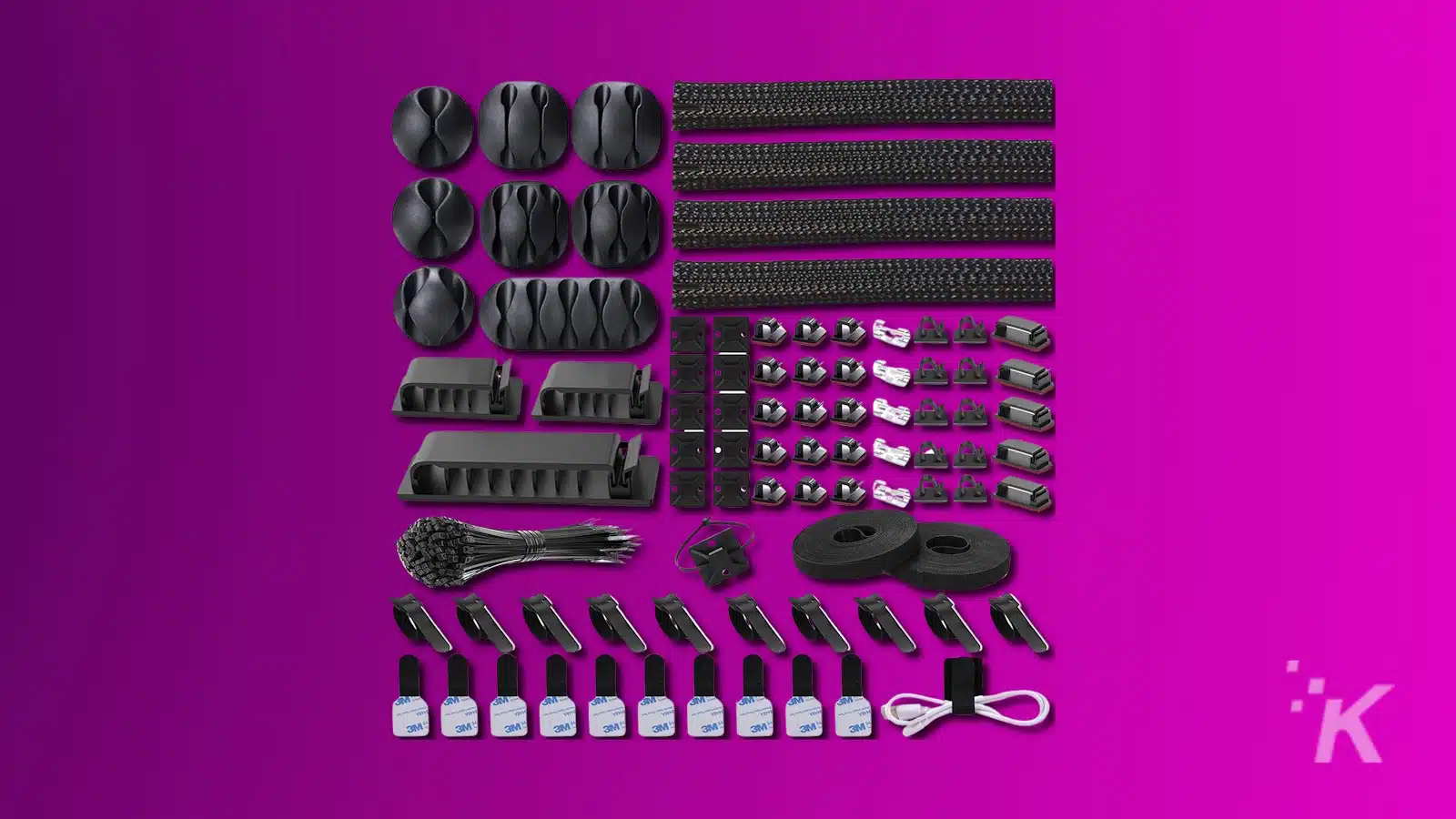 Assorted cable management accessories on purple background.