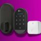 Yale smart lock system components on a purple background, including a door handle, keypad unit, and a wireless hub.