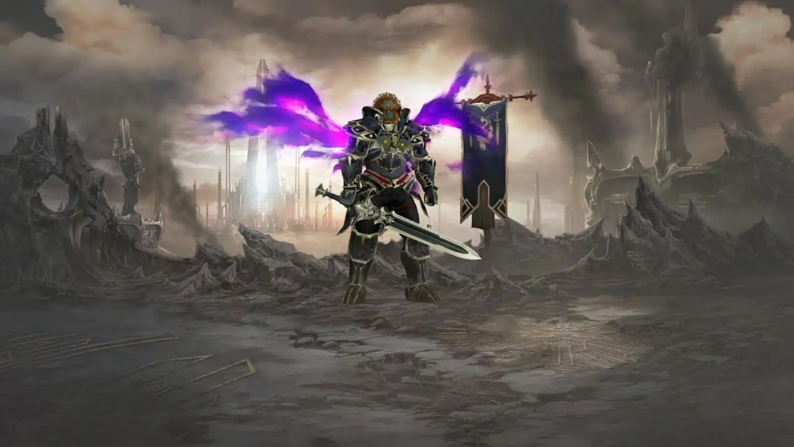 Armored warrior in a dystopian landscape with purple energy.