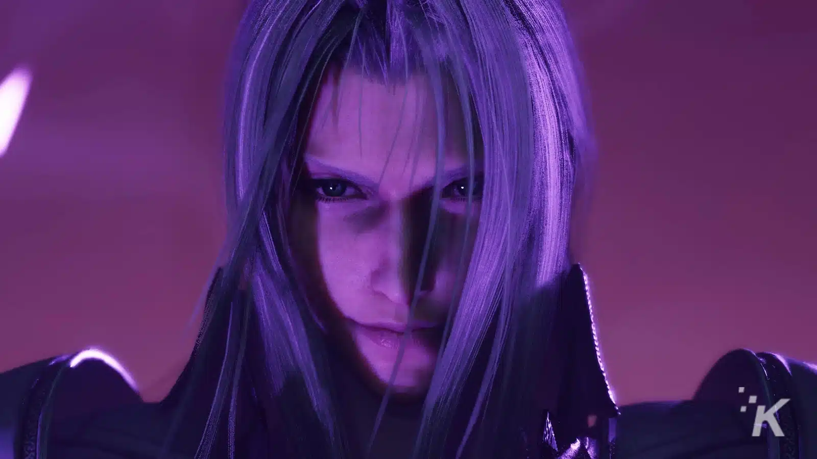 Animated character with silver hair in purple light.