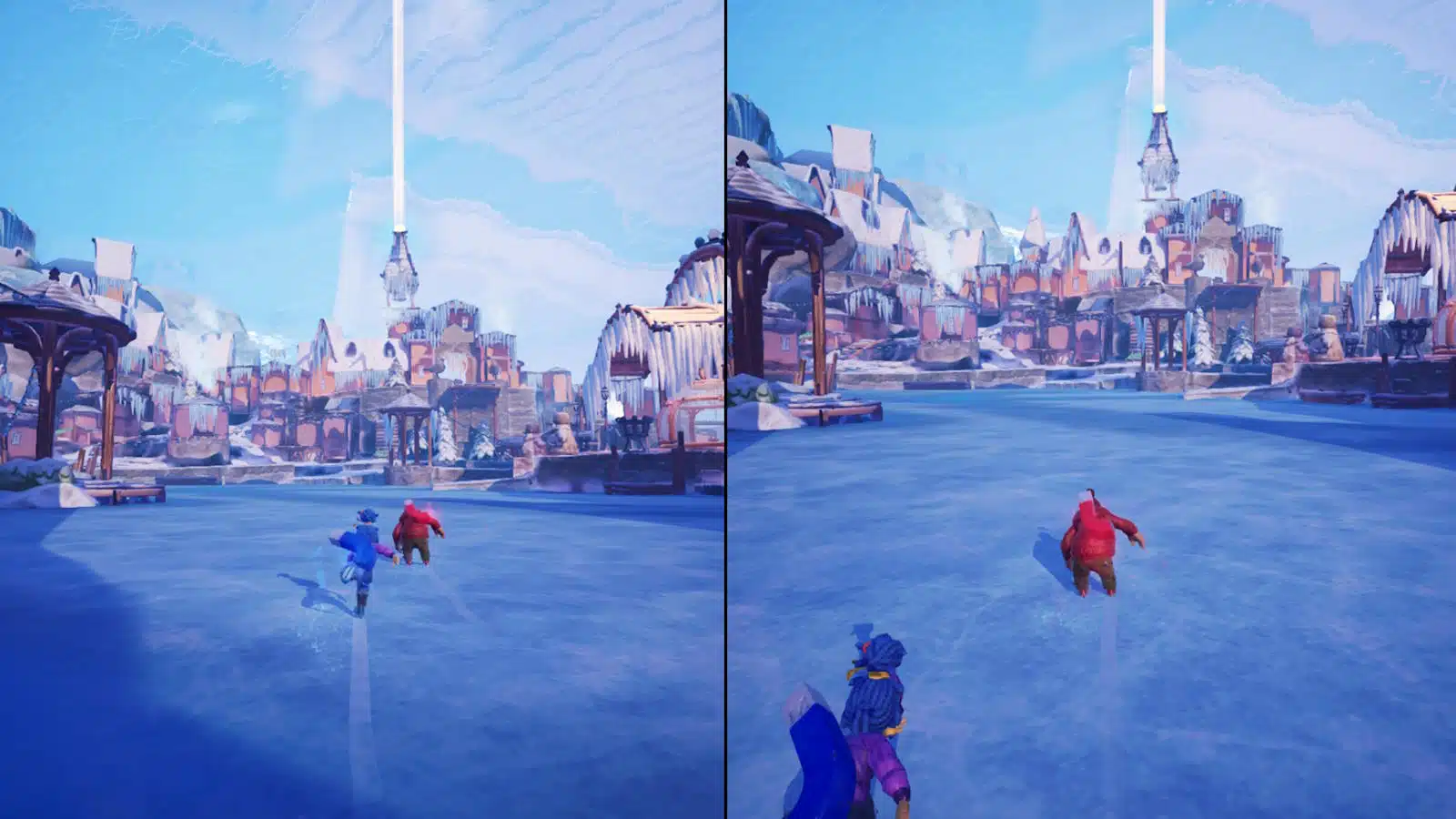 Animated characters skating on icy surface in fantasy setting.