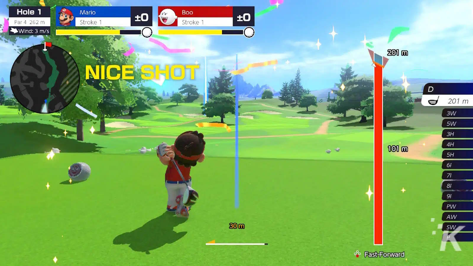 Mario playing golf, "NICE SHOT" on screen.