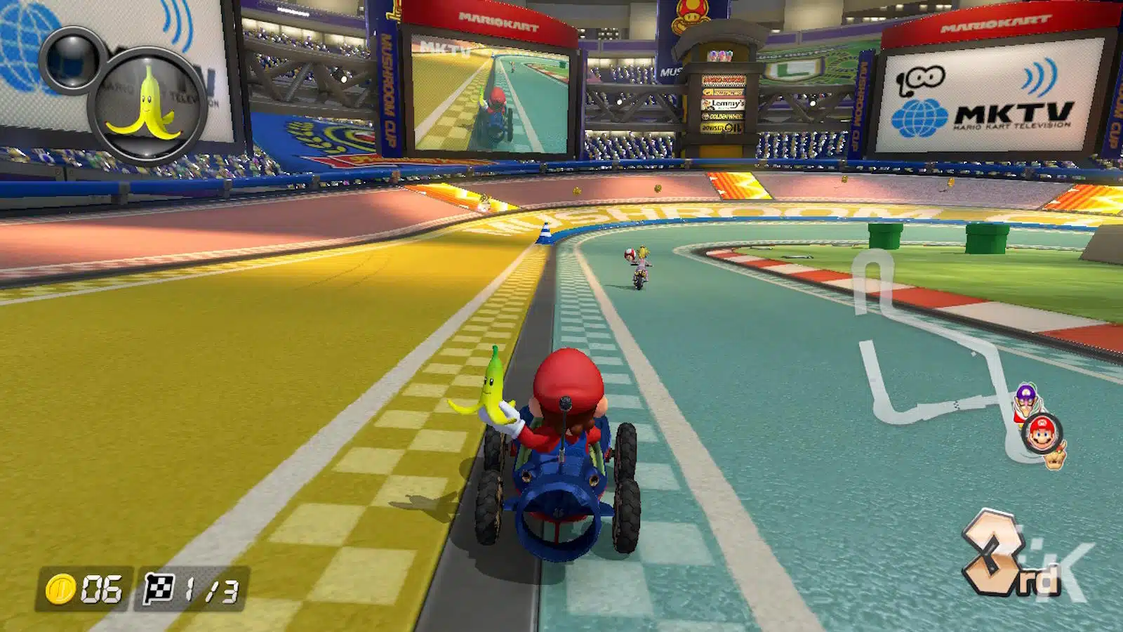 Mario Kart race with character in third place.