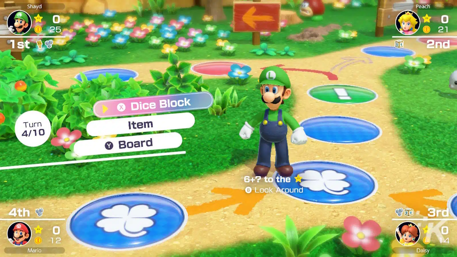Colorful Mario Party game screenshot featuring Luigi.