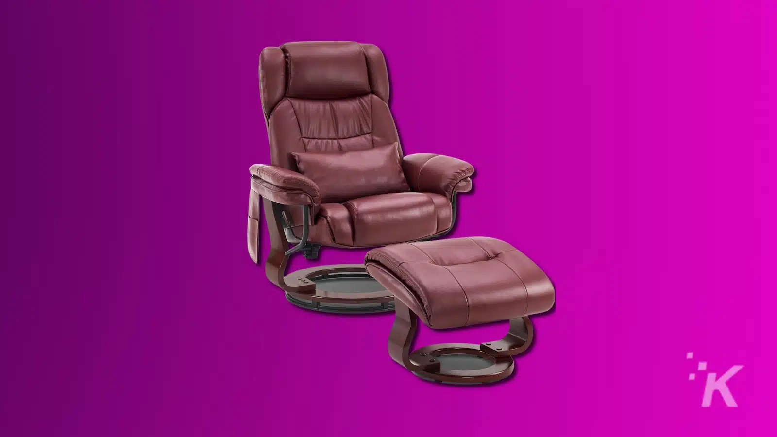 Brown recliner chair with ottoman on purple background.