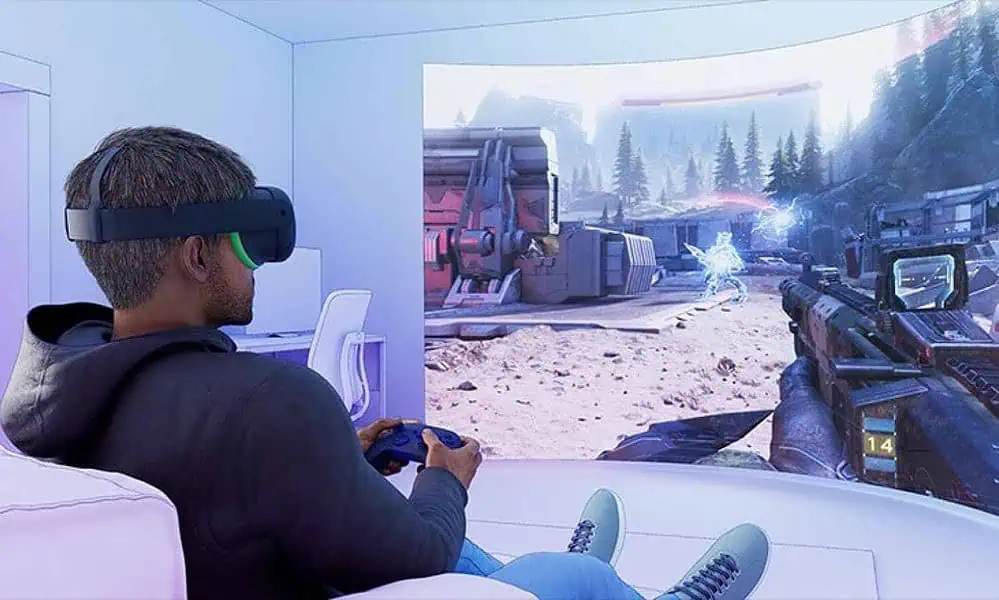 Man playing virtual reality shooter game.