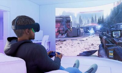 Man playing virtual reality shooter game.