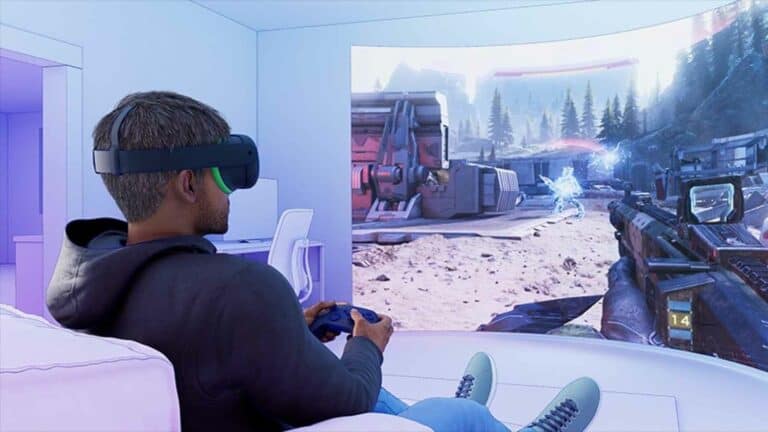 Man playing virtual reality shooter game.