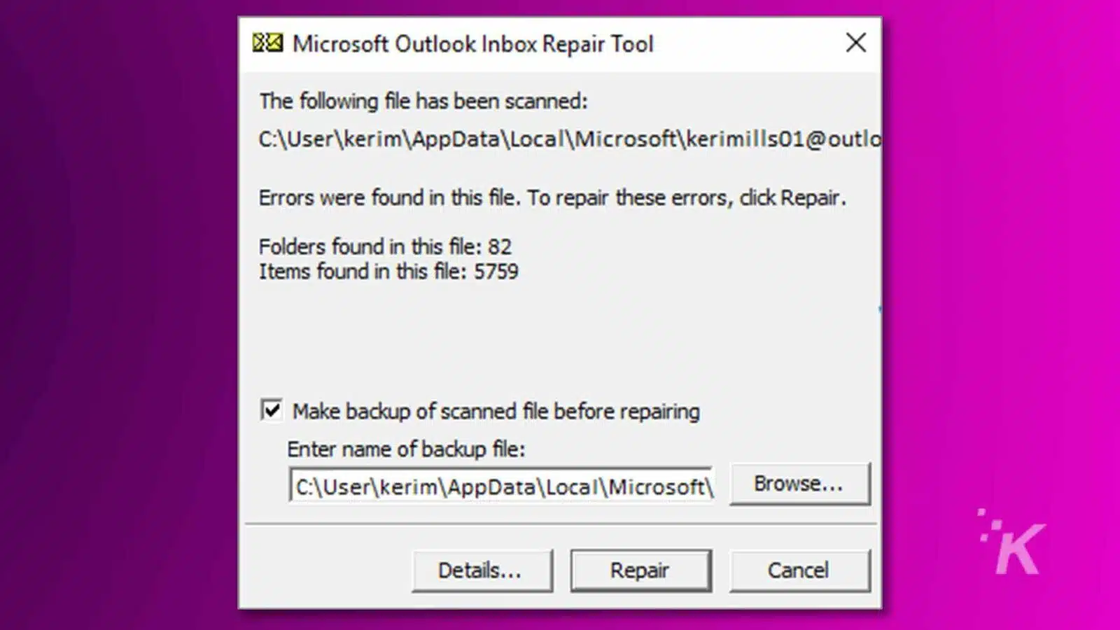 Microsoft Outlook Inbox Repair tool.