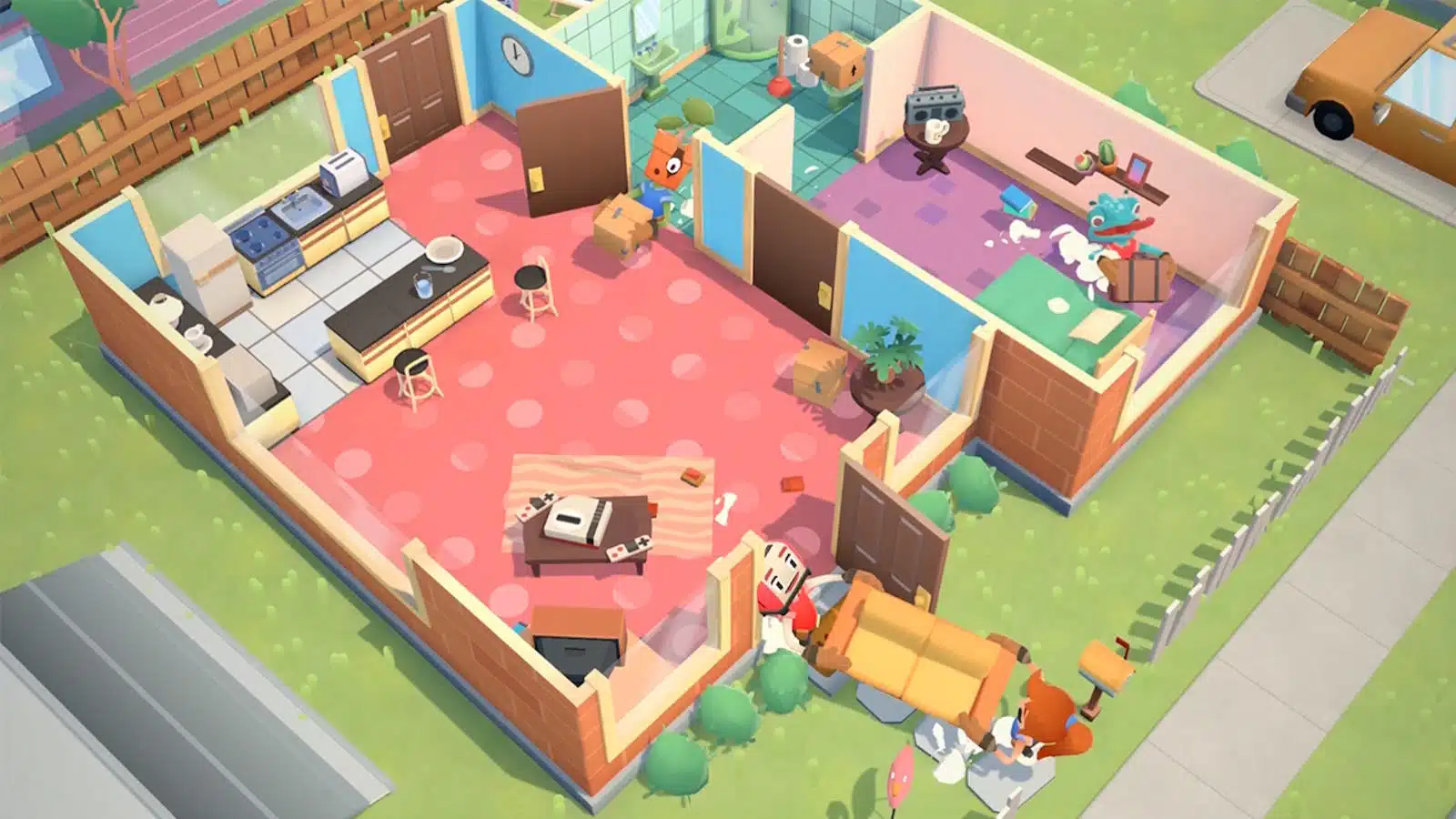 Colorful isometric view of a chaotic moving day scene.