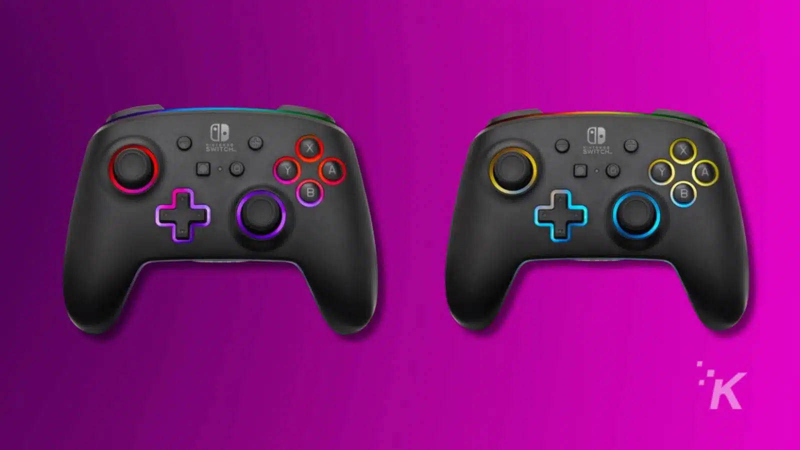 Two Nintendo Switch Pro Controllers with colorful button accents set against a purple background. The left controller has red and purple buttons, and the right controller has gold and blue buttons.