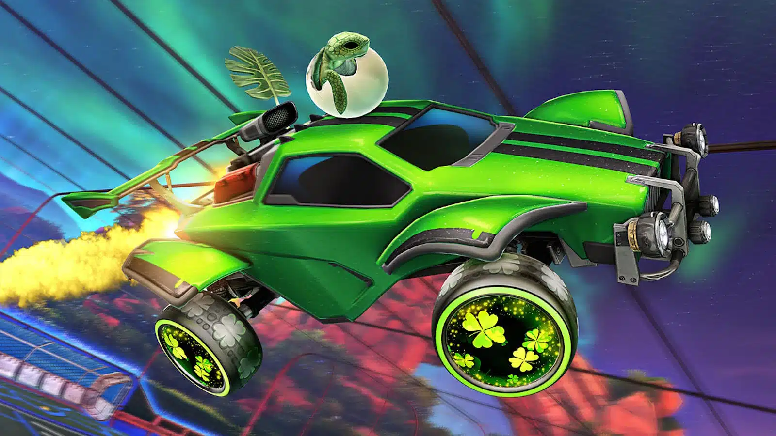 Green futuristic car flying with turtle mascot.