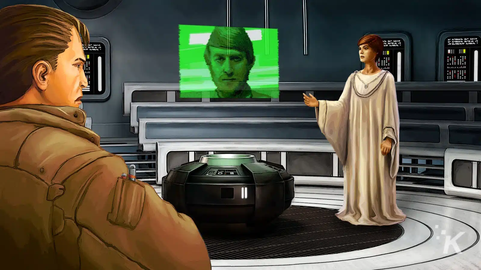 Sci-fi characters discussing with hologram projection.