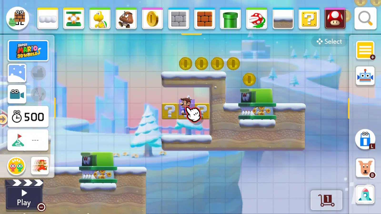 Mario-themed level editor interface with icons and cursor.