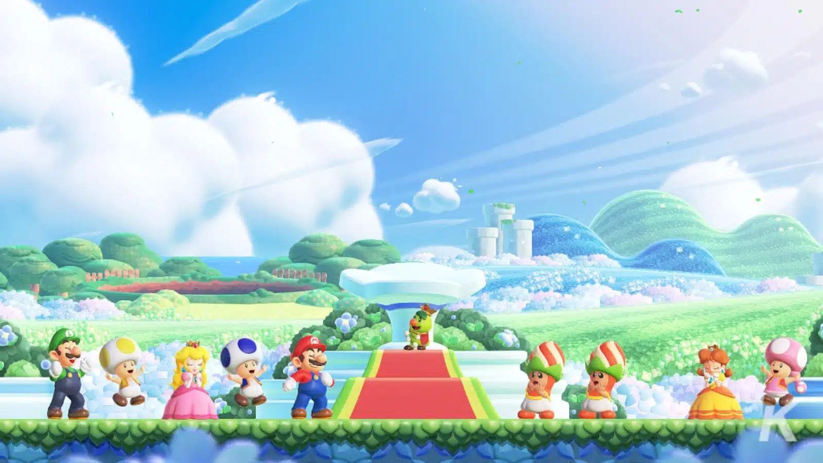 Colorful animated game characters in a whimsical landscape.