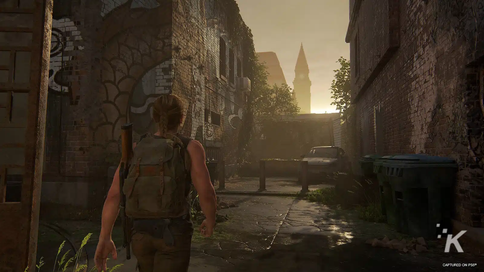 Character exploring post-apocalyptic urban environment.