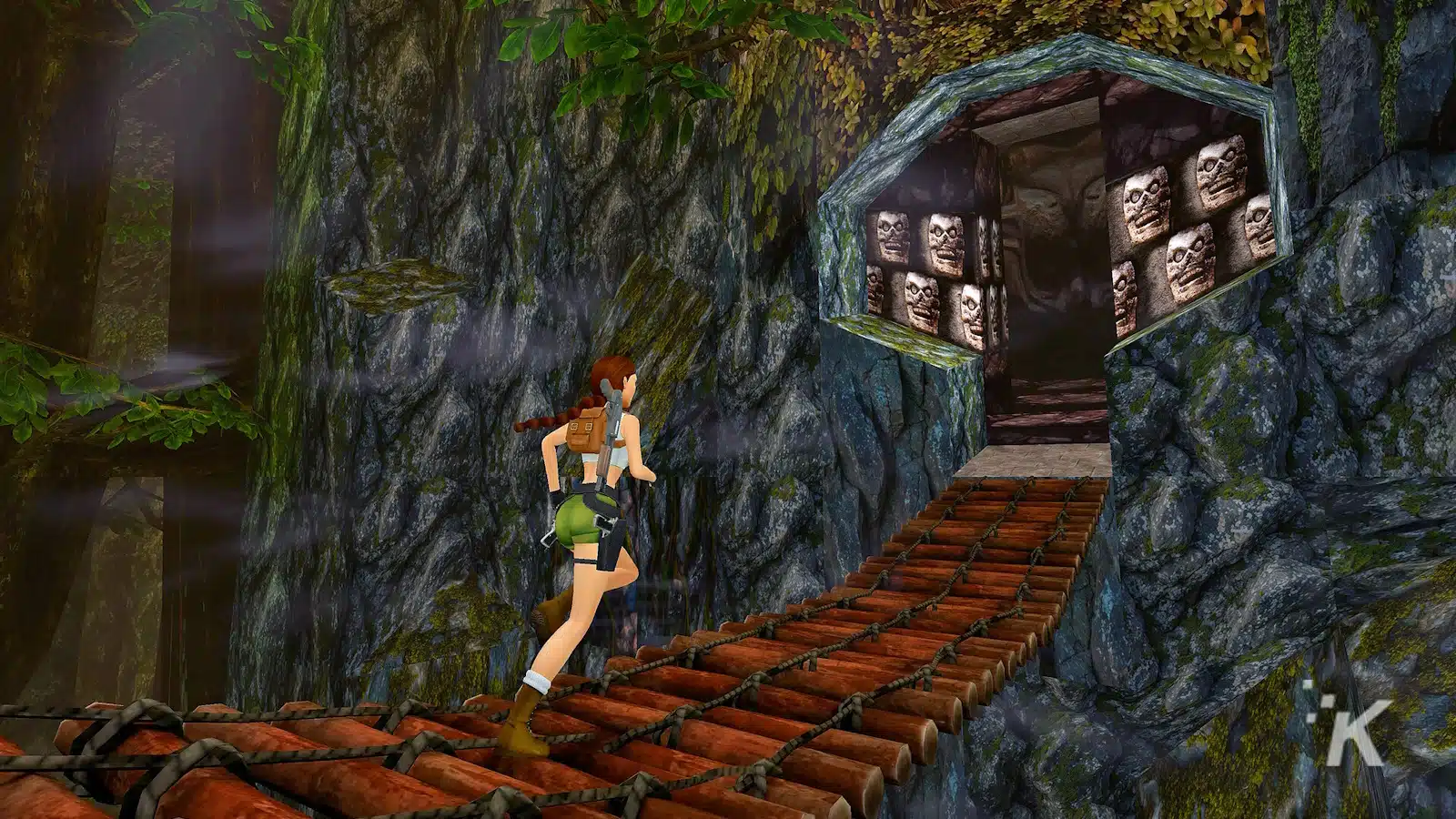 Character climbing ancient temple stairs in videogame.