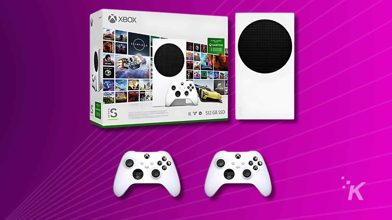 An Xbox Series S gaming console with its packaging box and two wireless controllers on a purple background.
