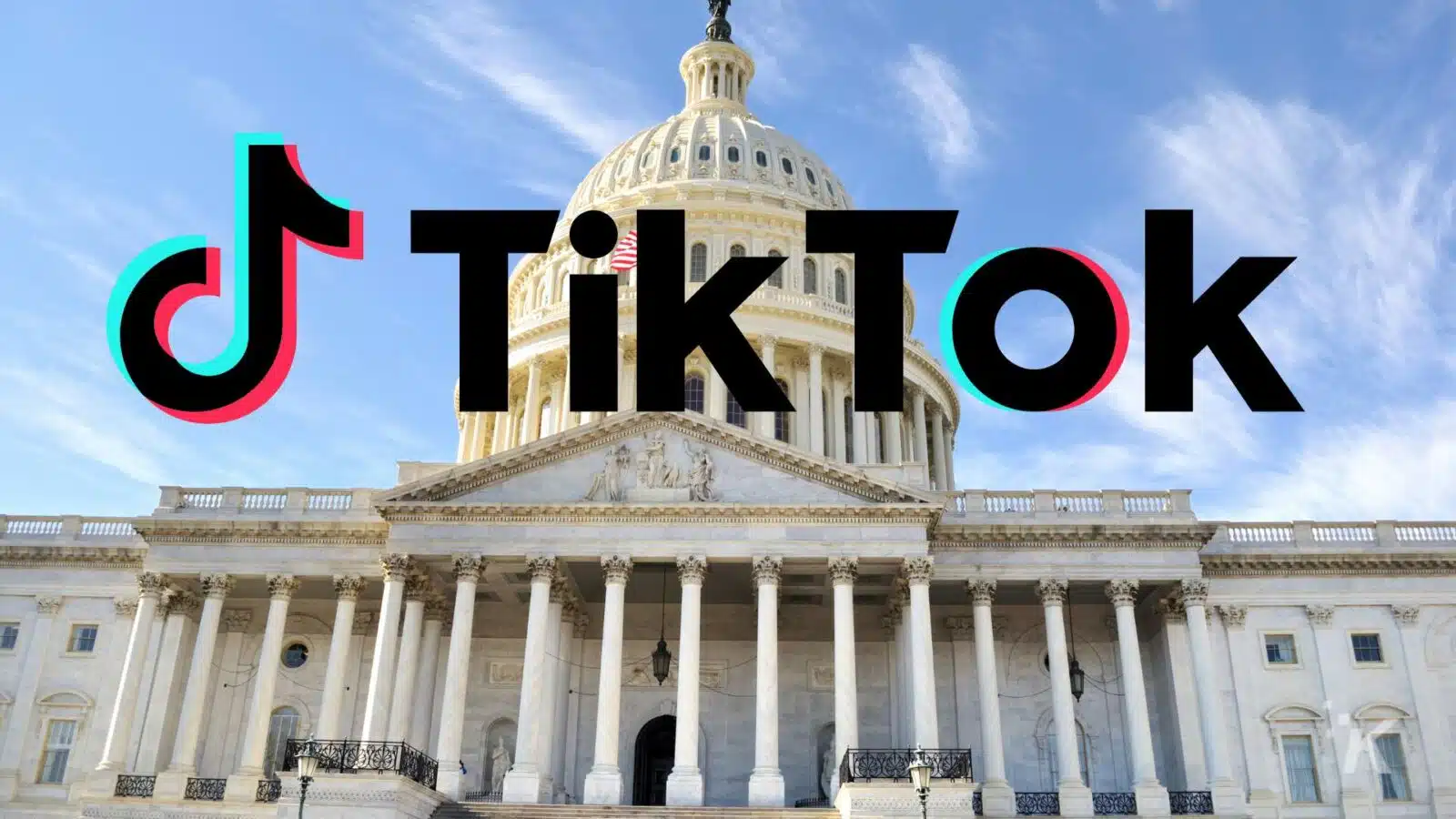 Logo of TikTok superimposed on the United States Capitol Building under a clear blue sky.