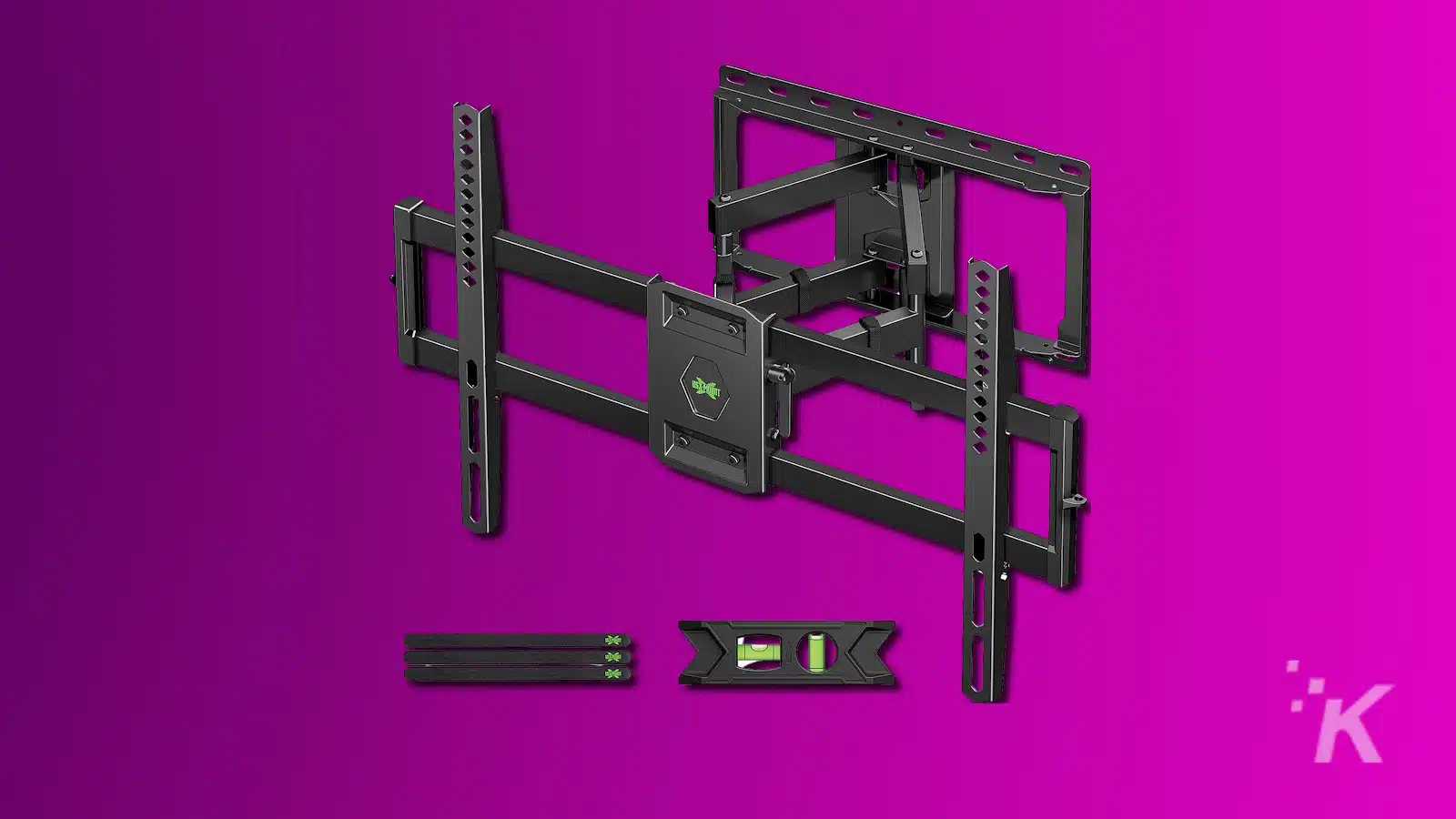 Black full-motion TV wall mount on purple background.