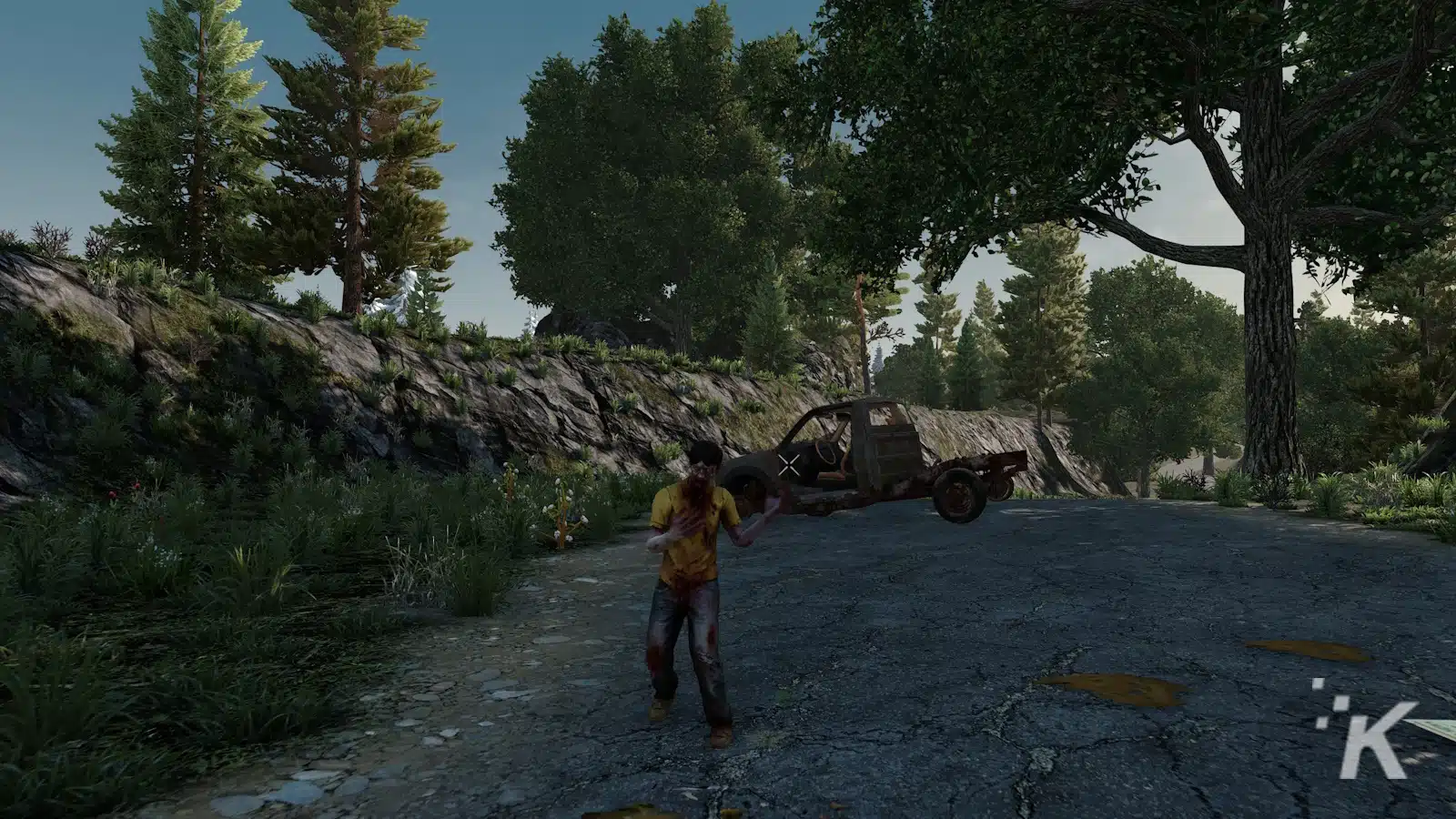 Wounded man stumbling by broken car in forest.