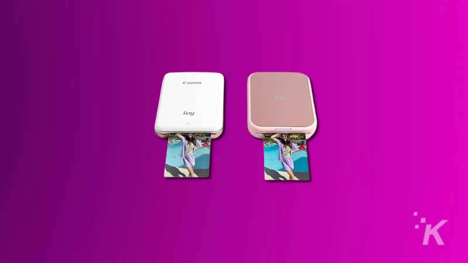 Canon Ivy printers printing photos on purple background.