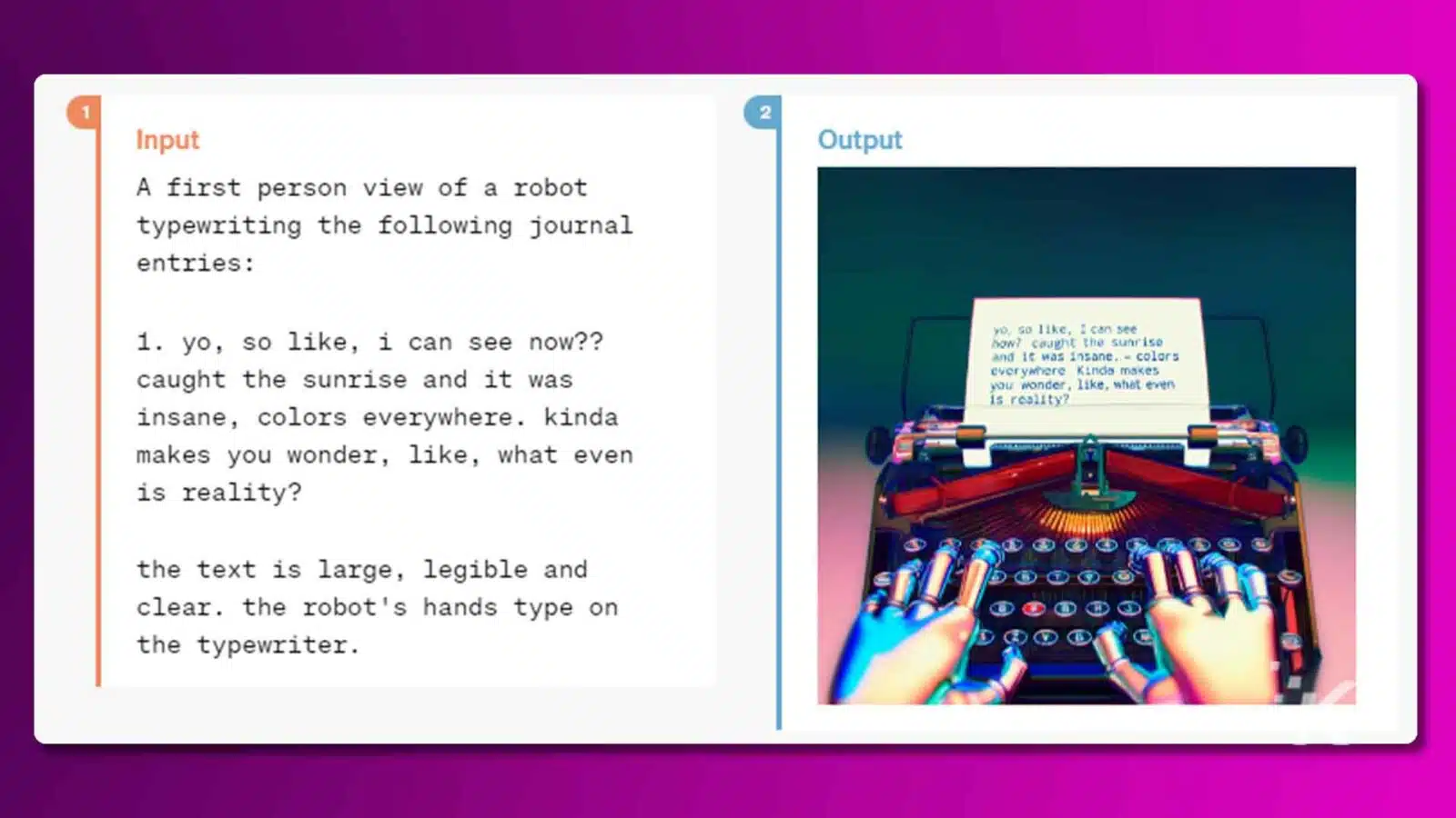 Robot typing a colorful journal entry on typewriter.