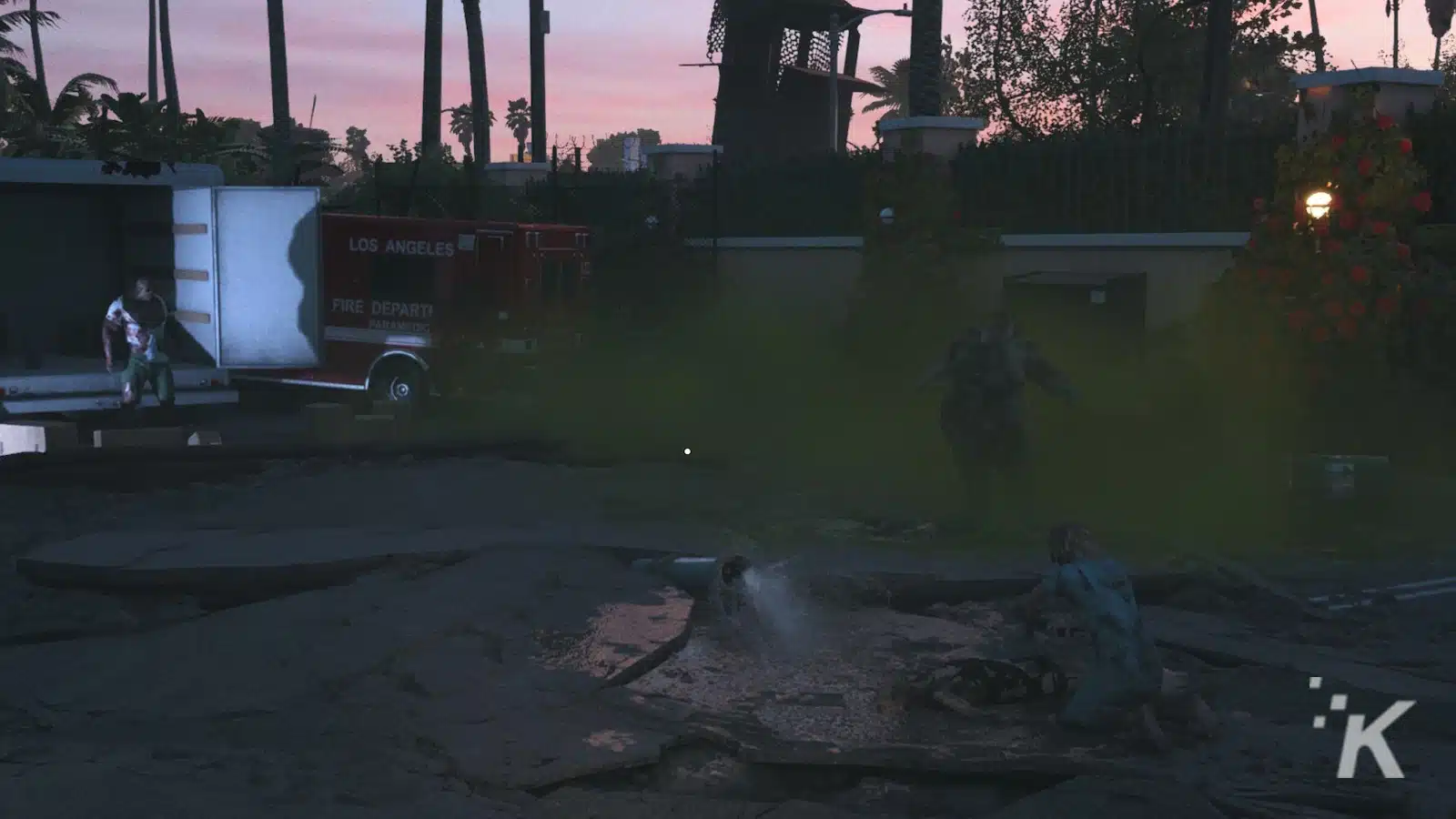 Firefighters amid disaster scene at dusk with zombies.