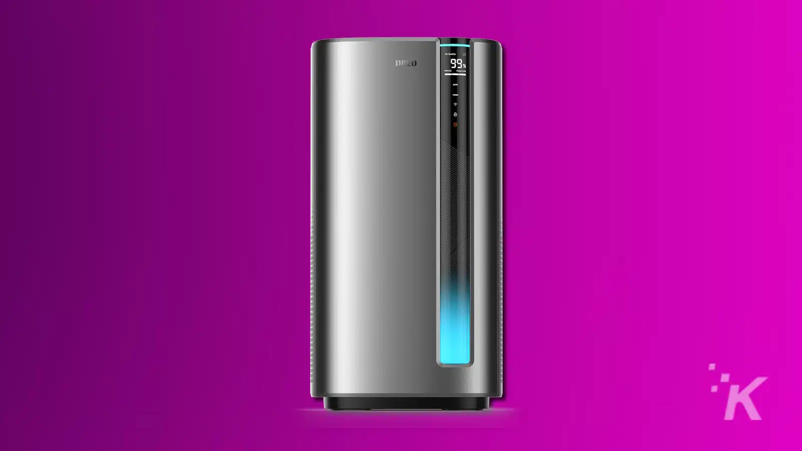 Modern air purifier with digital display on purple background.