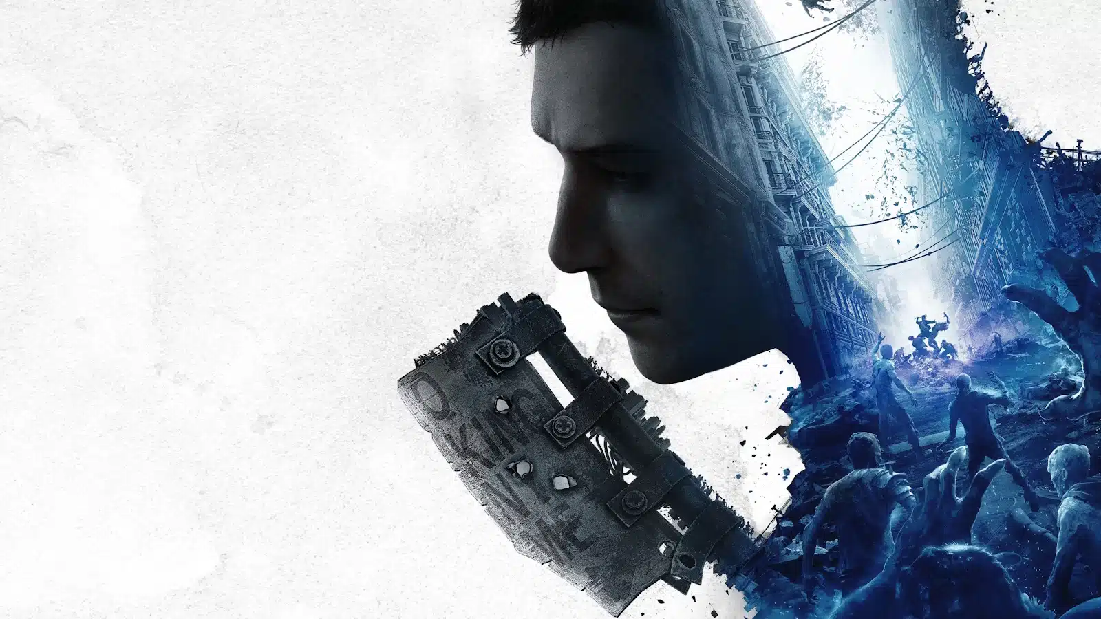 Man with mechanical gears, chaotic apocalyptic scene behind.